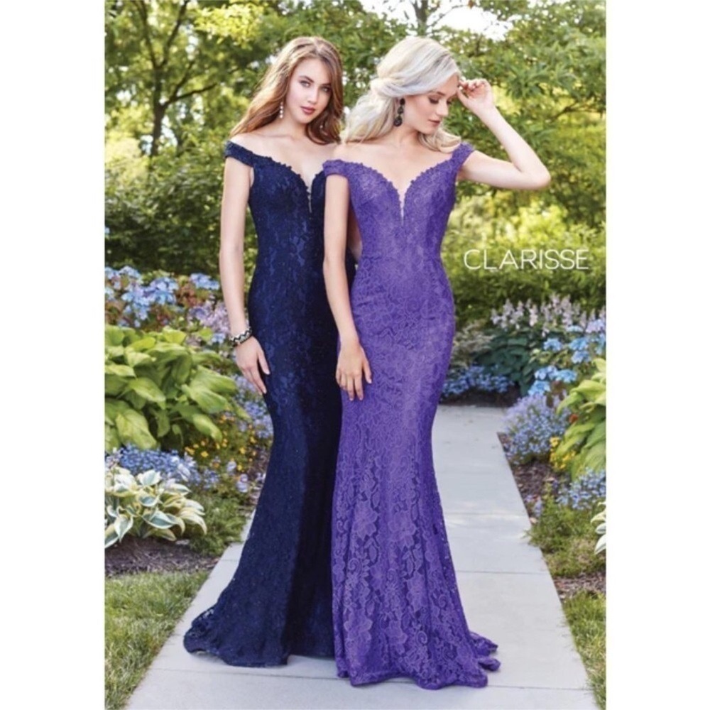 Clarisse 4801 Purple Lace Mermaid‎ Prom Maxi Dress Size 10 Off-The-Shoulder